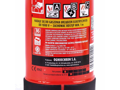 Gaśnica proszkowa 2 kg ABC z głowicą plastikową, manometrem i wieszakiem